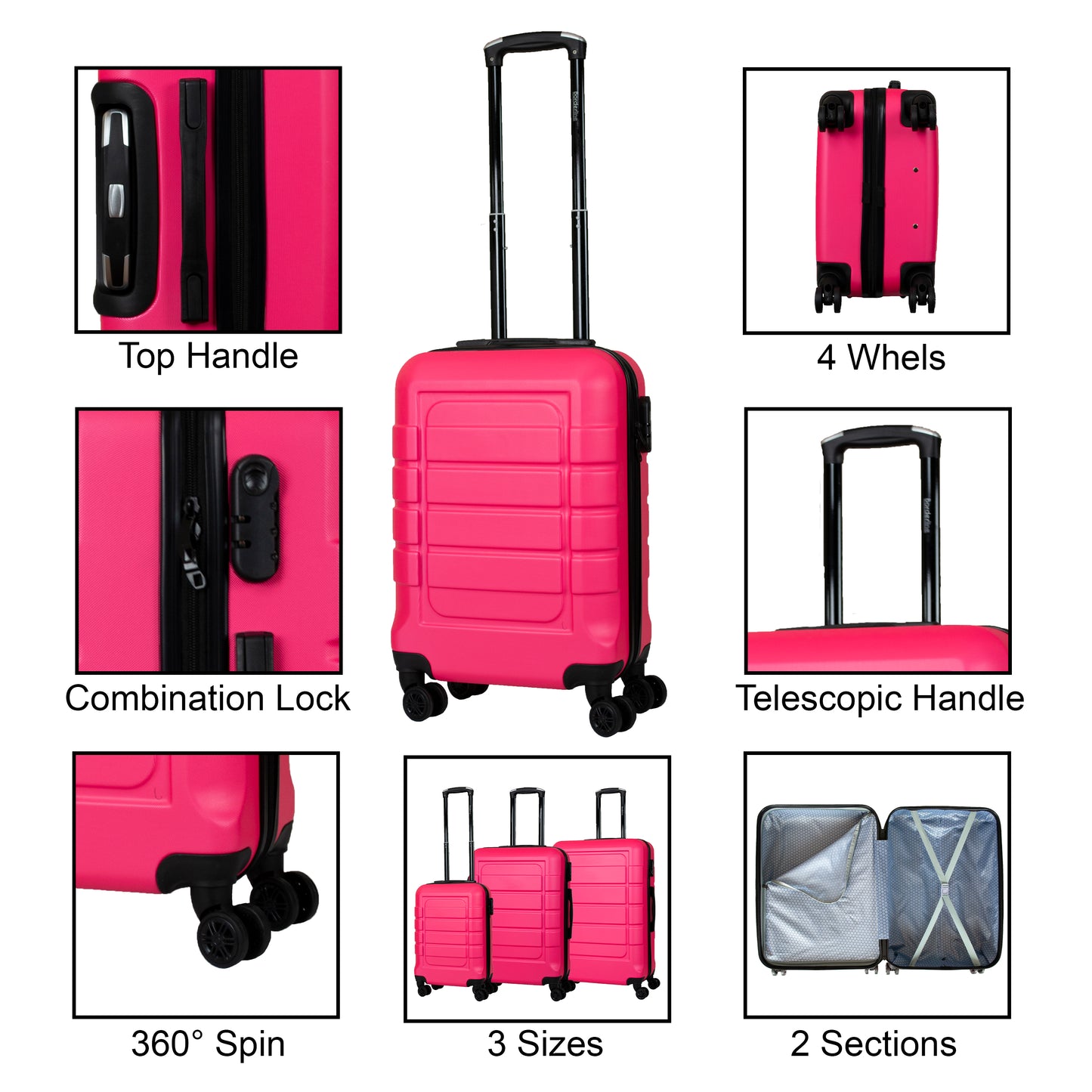 Hard Shell Suitcase with 4 Spinner Wheels, Hot Pink