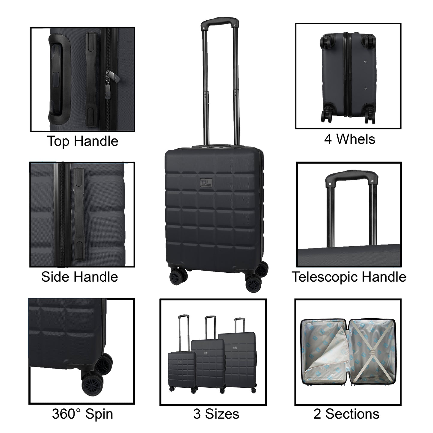 Hard Shell Luggage with 4 Spinner Wheels, Black