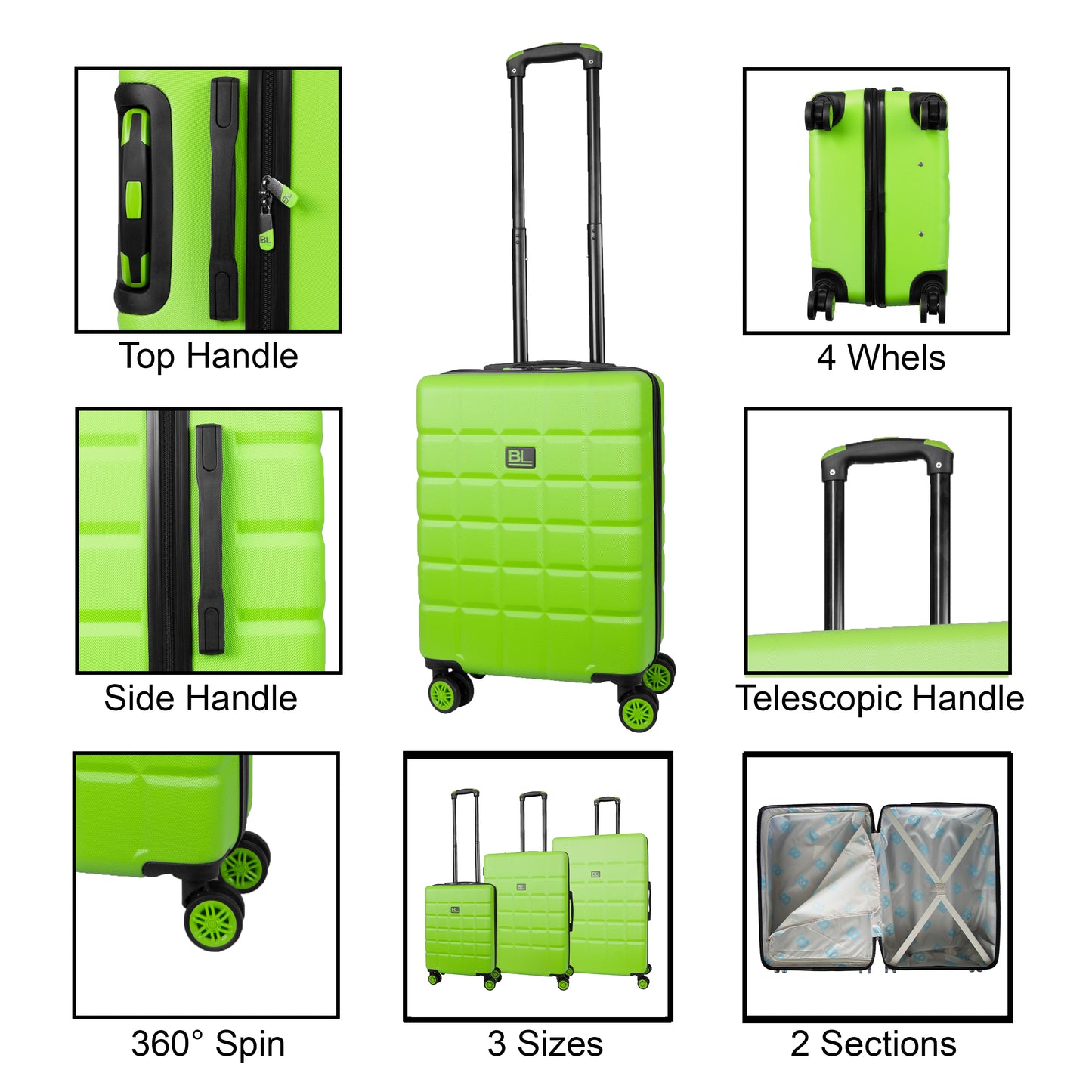 Hard Shell Luggage with 4 Spinner Wheels, Green
