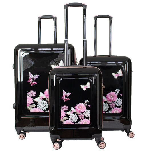 Hard Shell Suitcase Flower Pattern Black