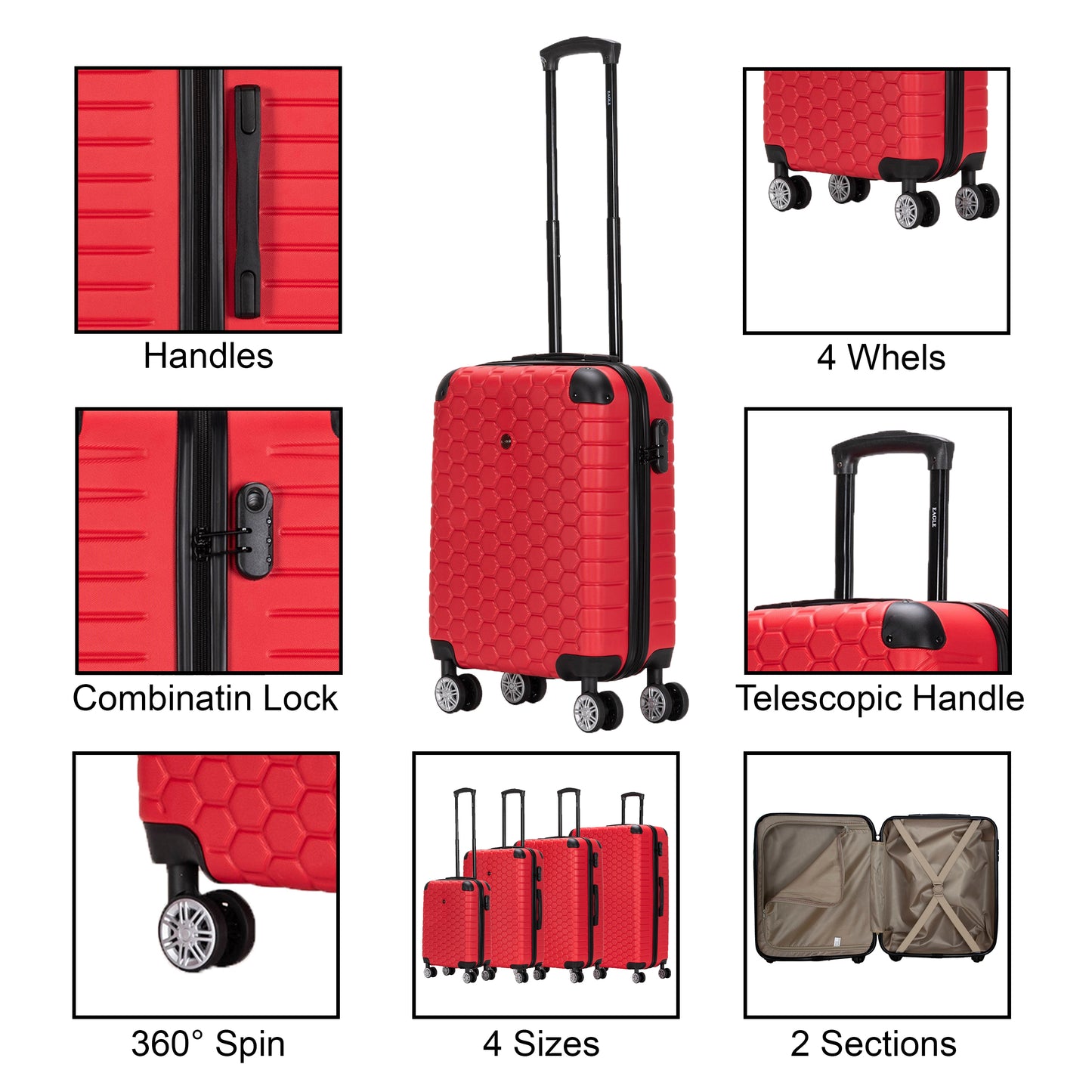 Hexagon ABS Hard Shell Suitcase Red