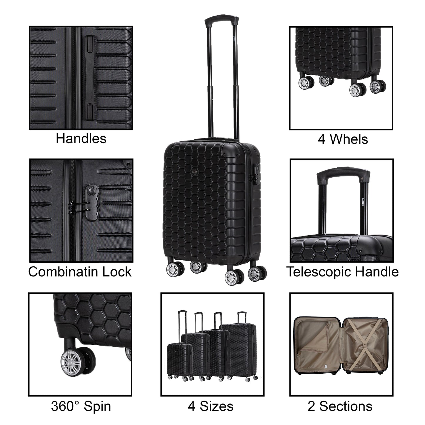 Hexagon ABS Hard Shell Suitcase Black