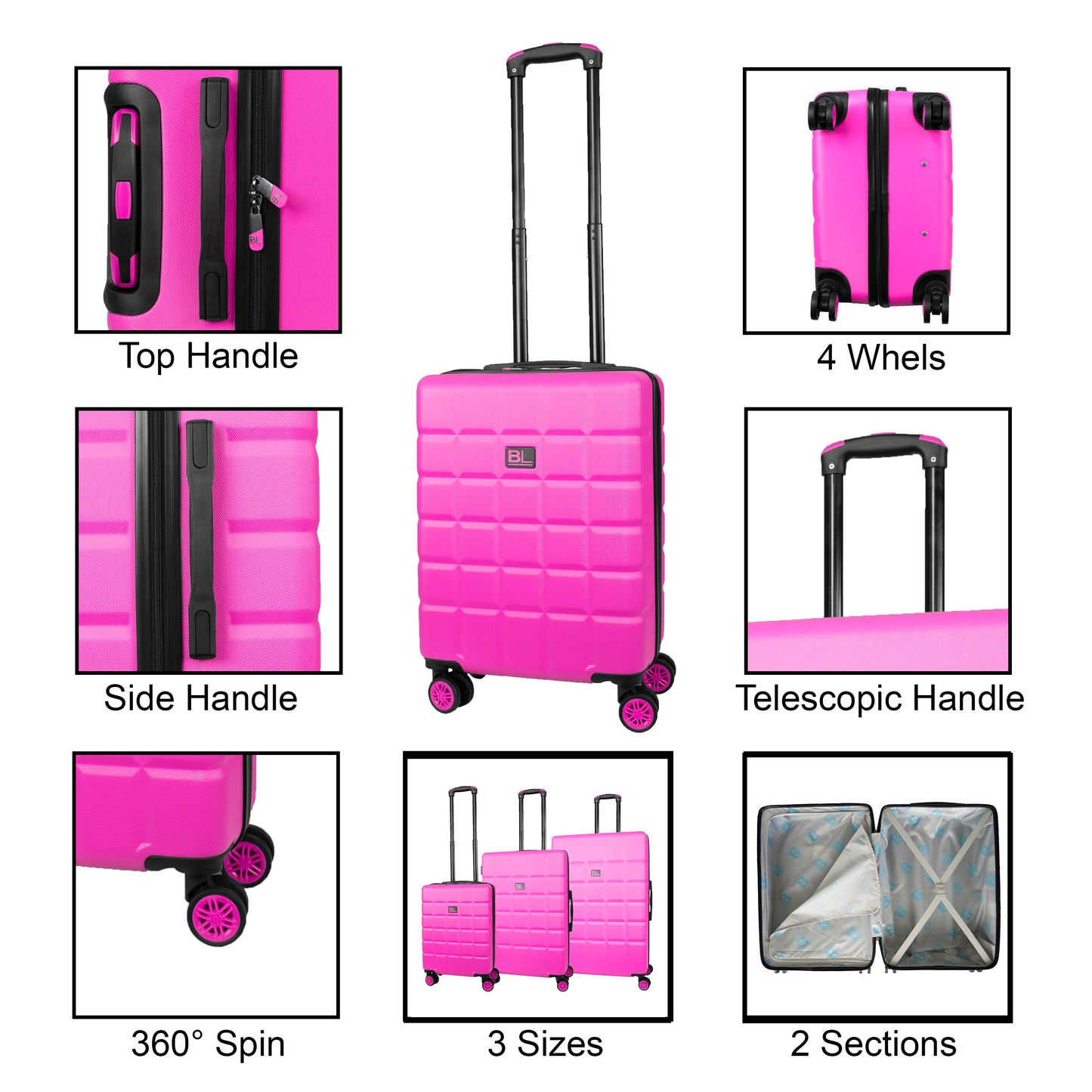 Hard Shell Luggage with 4 Spinner Wheels, Pink