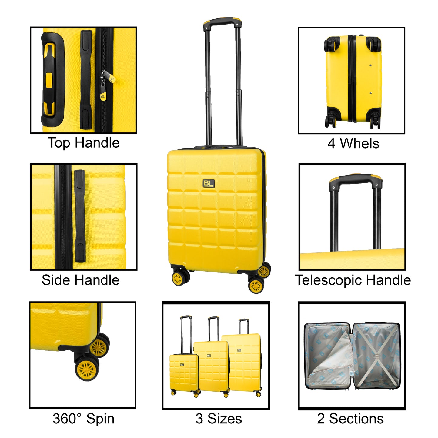 Hard Shell Luggage with 4 Spinner Wheels, Yellow
