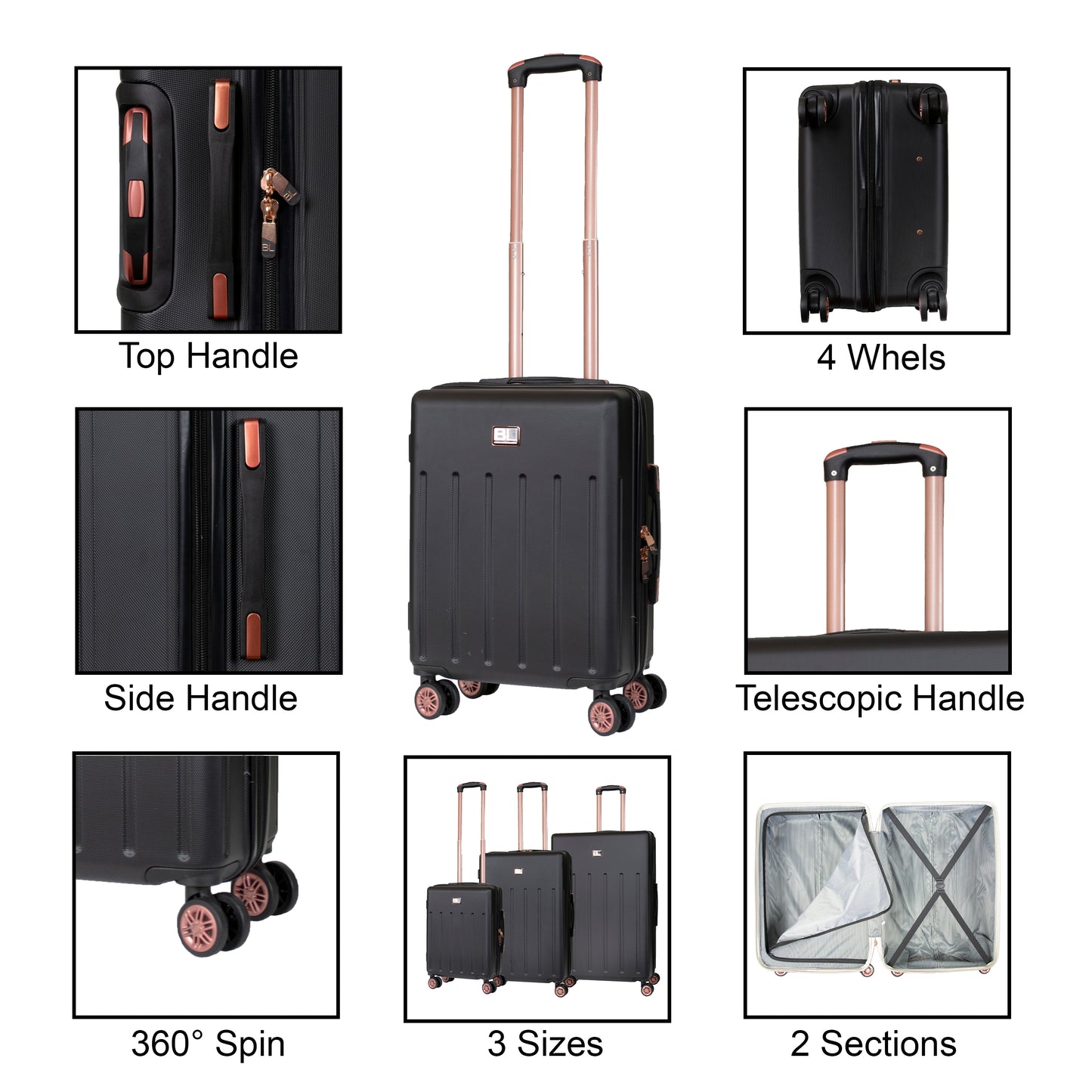 Hard Shell Suitcase with 4 Spinner Wheels, Black